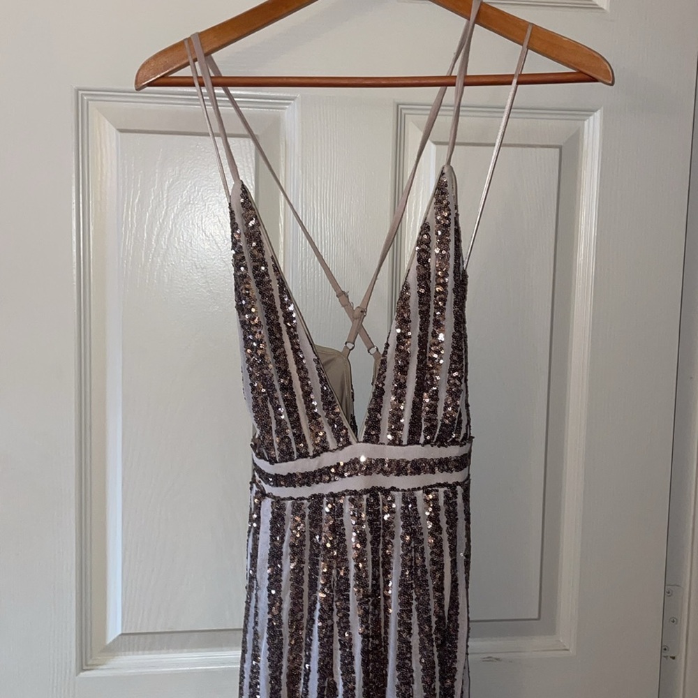 Sequin Stripe V-Neck Prom Dress in Rose Gold and White - Picture 2 of 4